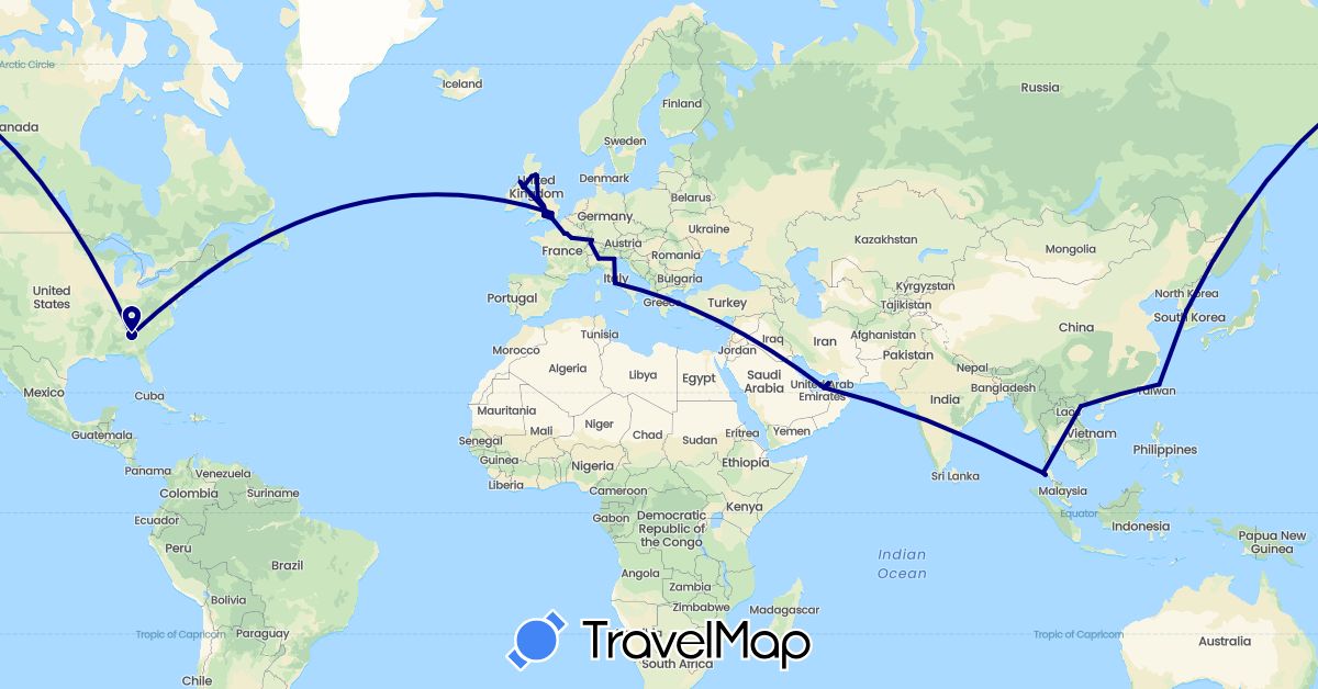 TravelMap itinerary: driving in United Arab Emirates, Switzerland, Germany, France, United Kingdom, Italy, South Korea, Thailand, Taiwan, United States, Vietnam (Asia, Europe, North America)